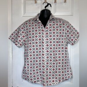 Denim & Flower White Short-Sleeve Button-Up Shirt with Pink Dot Pattern